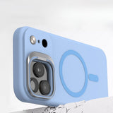 MagSafe Magnetic Silicone Phone Case with Metal Kickstand and Camera Lens Guard for Apple iPhone 17 Pro Max (Orange)
