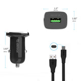 18W QC3.0 Car Charger and 3ft Cable For Type-C In Black